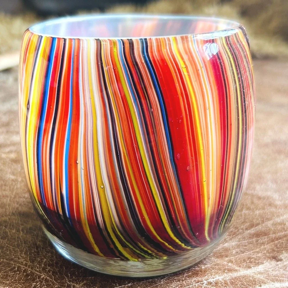 Hand Blown Art Glass Votive Candle Holder Multi Color Striped White Interior 3.5